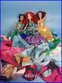 Barbie Disney 32 Piece Princess Dress Gown & Doll Lot Belle Brave Jasmine