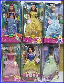 Barbie Disney Princess 6 Dolls Ariel Belle Cinderella Sleeping Snow Tiana NEW