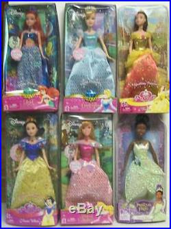 Disney Princess 6 Barbie Dolls Ariel Belle Cinderella Sleeping Snow Tiana NEW