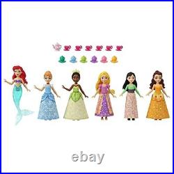 Disney Princess Toys, 6 Posable Small Dolls with Sparkling Clothing and 13 Tea