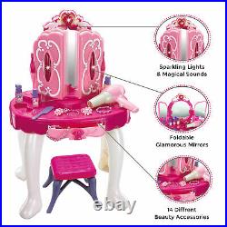 Girls Kids Glamour Mirror Make Up Dressing Table Vanity Role Play Set Light Gift