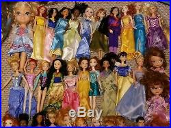 Large Huge Lot of 47 Dolls of Mattel Barbie and Disney Princesses with Dresses