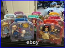 Lot Of 8 Disney Animator Mini Doll Sets NIB Suit Case 5 inch Ariel Belle Snow Wh