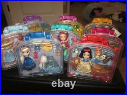 Lot Of 8 Disney Animator Mini Doll Sets NIB Suit Case 5 inch Ariel Belle Snow Wh