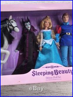 New Disney Store Sleeping Beauty Aurora Phillip Maleficent Deluxe Doll Gift Set
